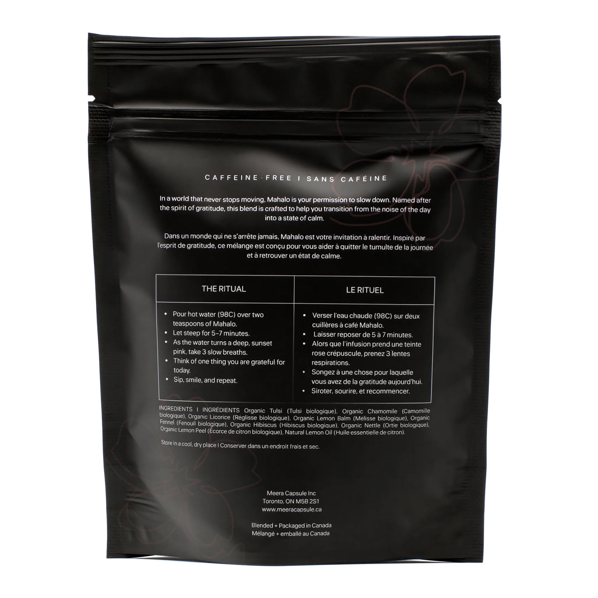 Mahalo Herbal Tea matte black tin — caffeine-free organic herbal blend, Meera Capsule lifestyle